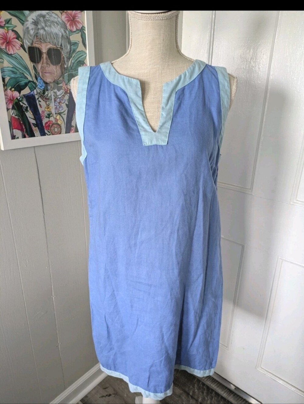 Sigrid Olsen 100% Linen Dress Women's M Sleeveless Blue Mini Shift Beach cruise